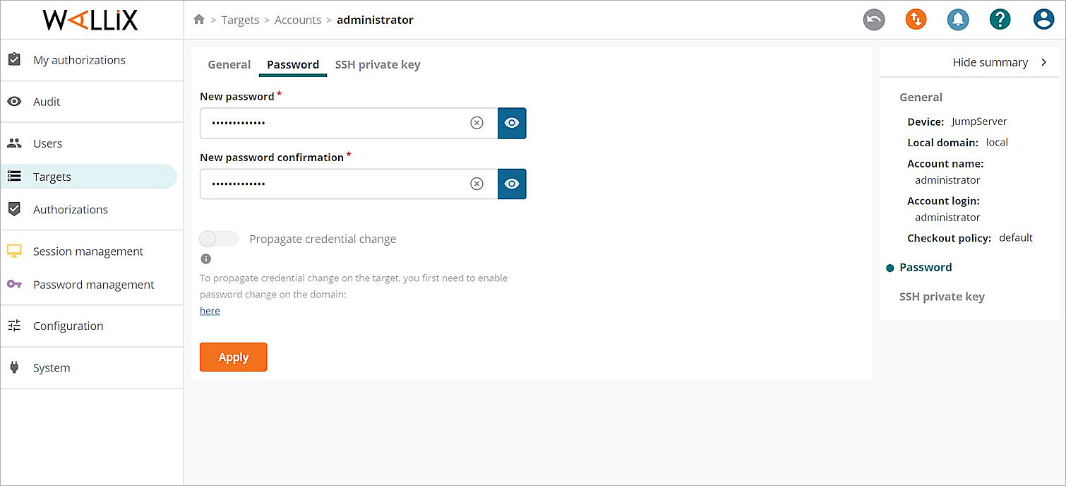 Screen shot of the Password tab